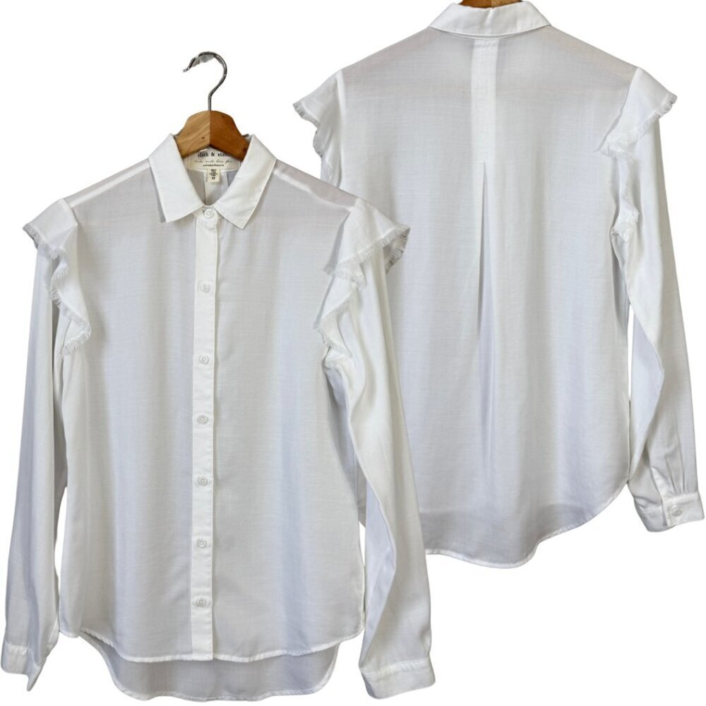 NWOT Cloth & Stone Anthropologie Ruffle Button Down Shirt Womens XS White Career